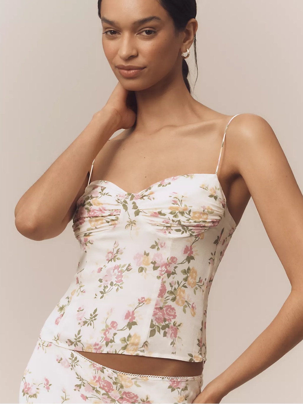 Reformation Floral Sweetheart Neckline Tank Top In White With Pink & Green